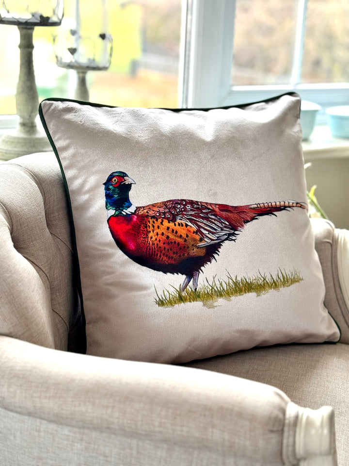 Foraging Pheasant Velvet Cushion Cover