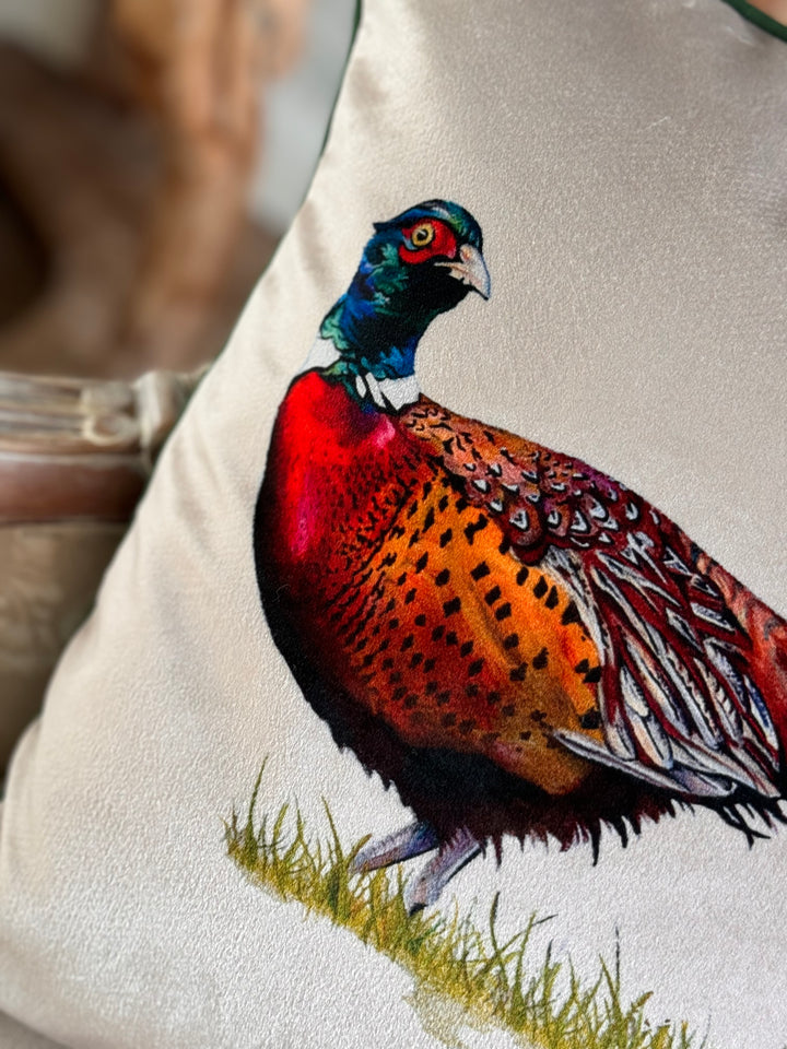 Foraging Pheasant Velvet Cushion Cover