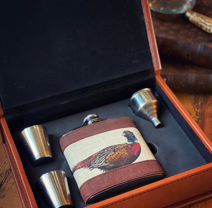 Pheasant Hip Flask Set In Case